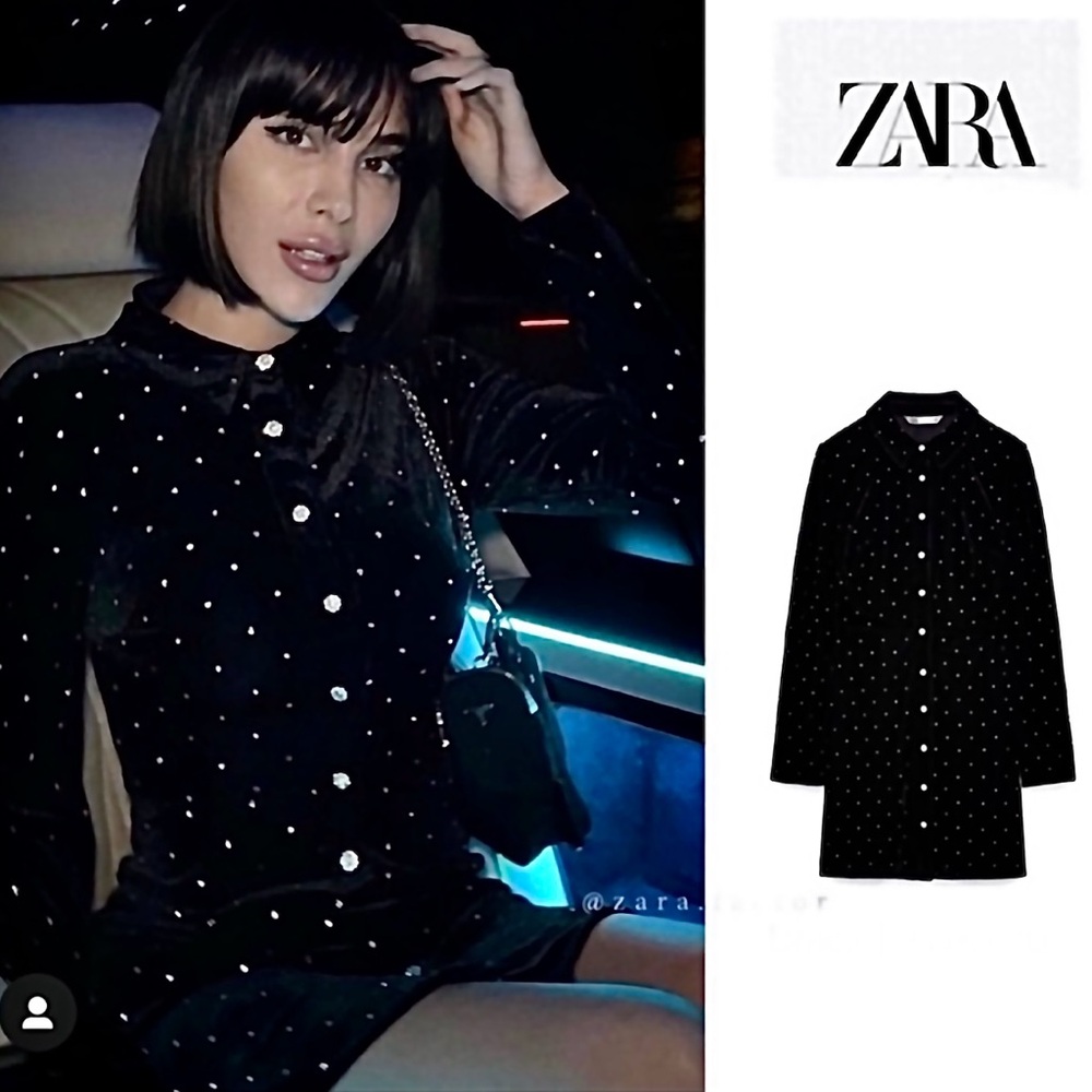 Zara Holiday Black Velvet “Verona” Long Sleeve Dress with Rhinestones Size M NWT